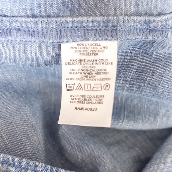 LOFT Chambray Ruffle Tie Neck Tiered Swing Dress Size Medium Petites - Picture 7 of 7